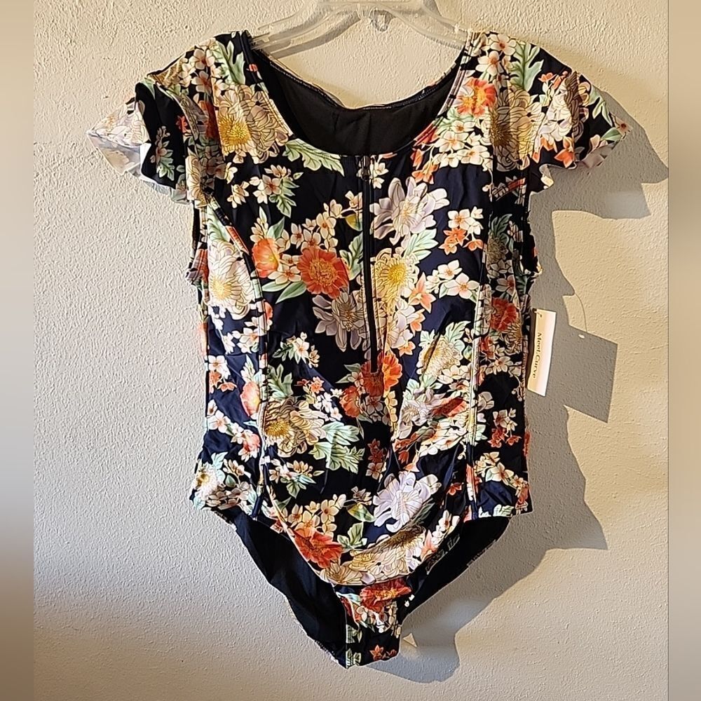 Meet Curve Swimsuit Floral 4XL One Piece 3/4 Zip Blue Peach XXXXL